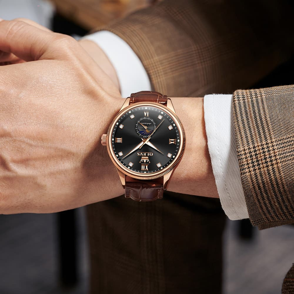 OLEVS 7039 Leather Moon Phase Mechanical Watch For Men - Rose Gold Black Watch | Olevs Watch Store