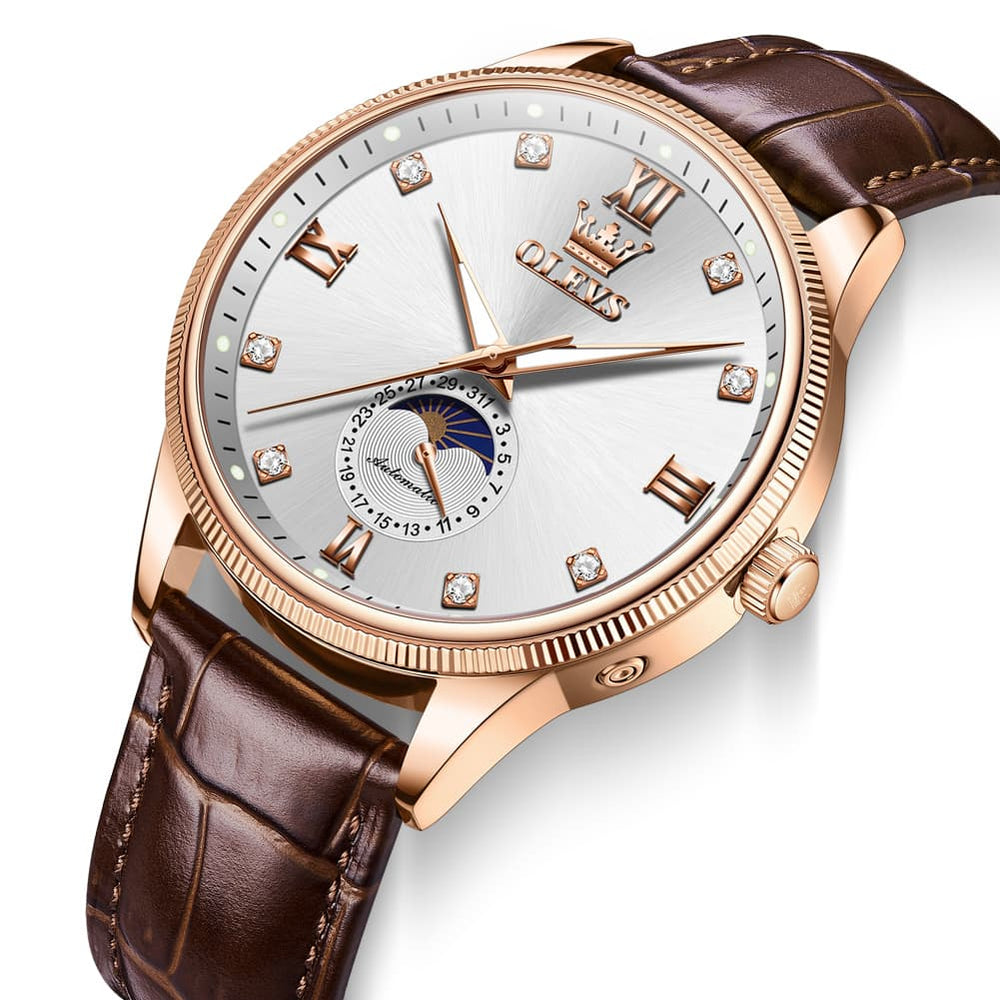 OLEVS 7039 Leather Moon Phase Mechanical Watch For Men - Rose Gold Black Watch | Olevs Watch Store