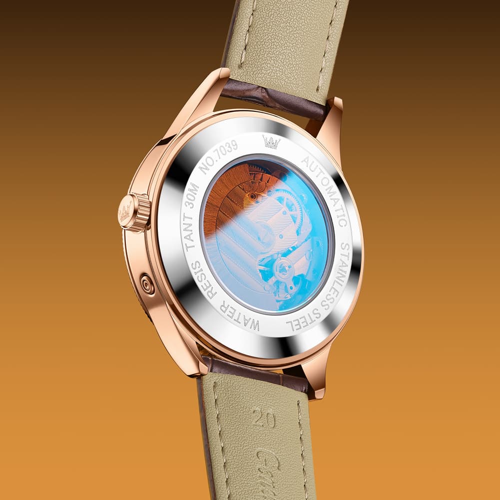 OLEVS 7039 Leather Moon Phase Mechanical Watch For Men - Rose Gold Black Watch | Olevs Watch Store