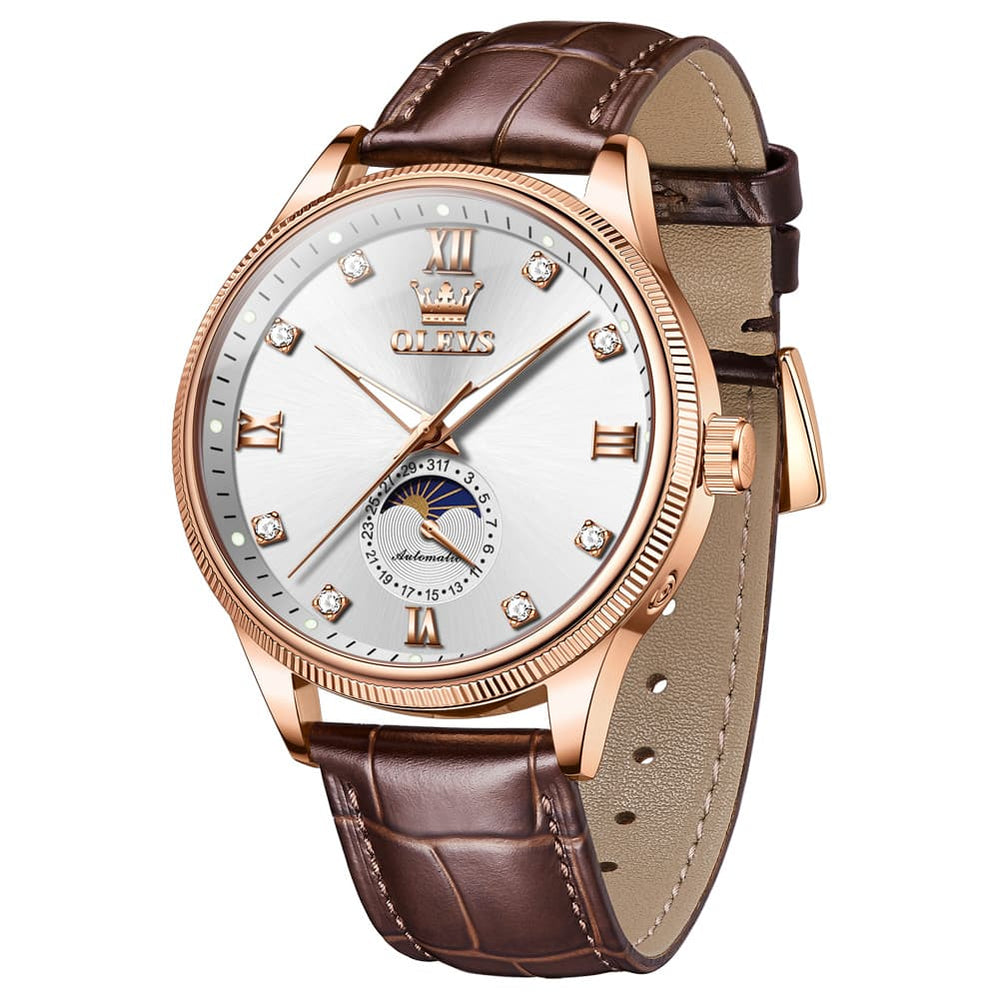 OLEVS 7039 Leather Moon Phase Mechanical Watch For Men - Rose Gold Black Watch | Olevs Watch Store