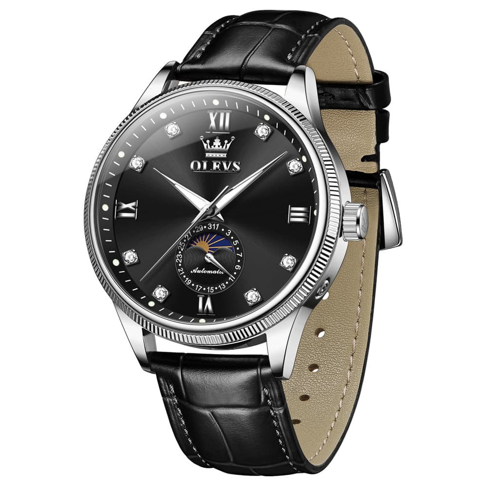OLEVS 7039 Leather Moon Phase Mechanical Watch For Men - Rose Gold Black Watch | Olevs Watch Store