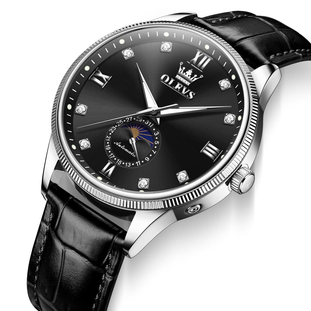 OLEVS 7039 Leather Moon Phase Mechanical Watch For Men - Rose Gold Black Watch | Olevs Watch Store