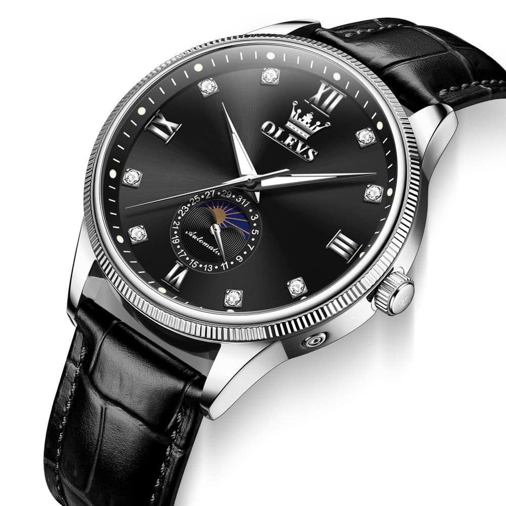 OLEVS 7039 Leather Moon Phase Mechanical Watch For Men - Rose Gold Black Watch | Olevs Watch Store