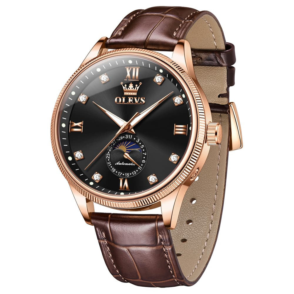 OLEVS 7039 Leather Moon Phase Mechanical Watch For Men - Rose Gold Black Watch | Olevs Watch Store
