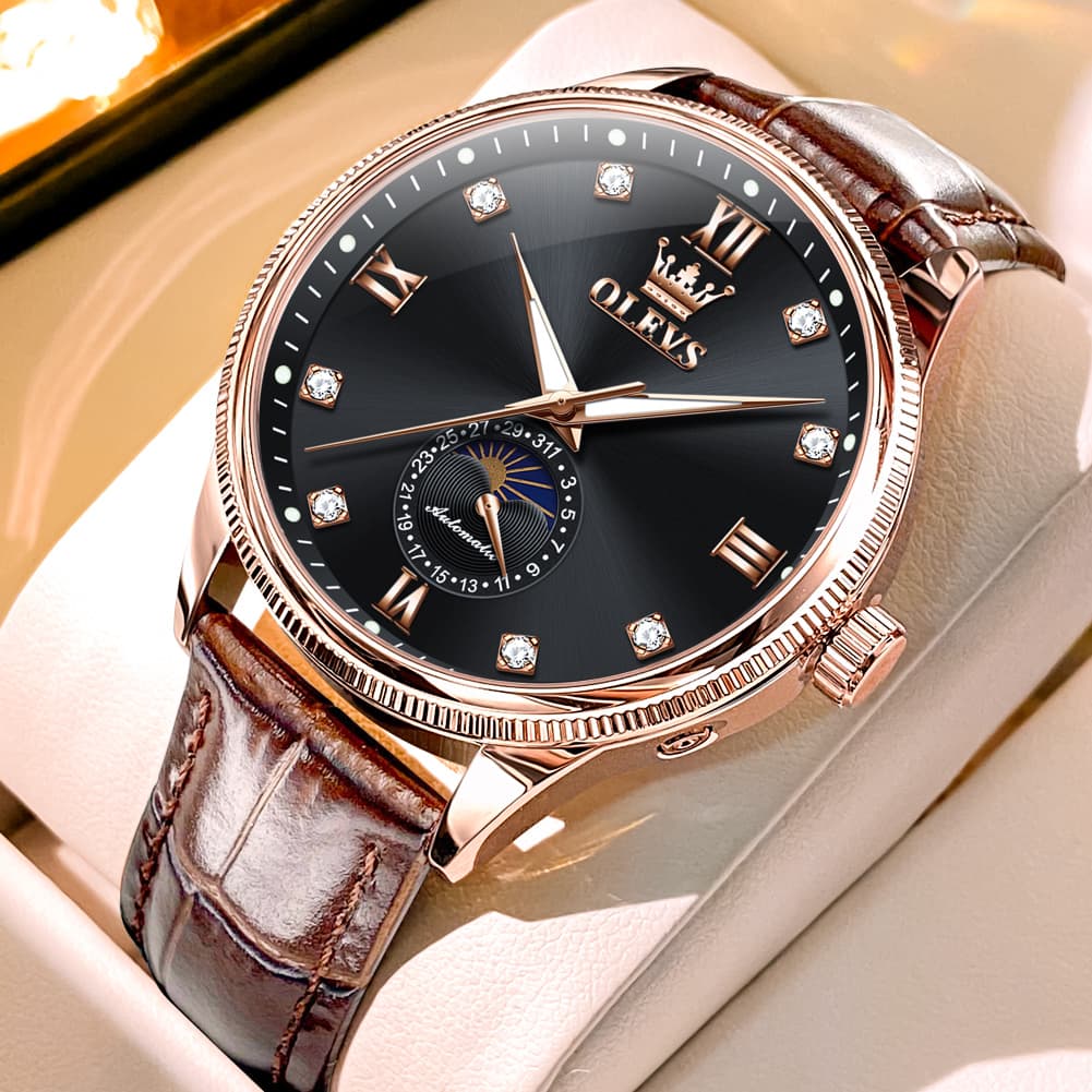 OLEVS 7039 Leather Moon Phase Mechanical Watch For Men - Rose Gold Black Watch | Olevs Watch Store