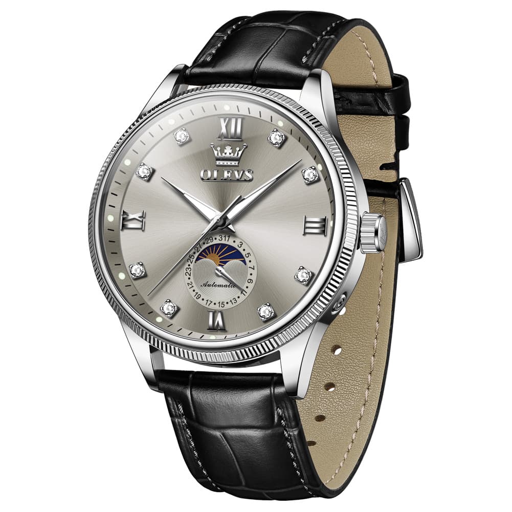 OLEVS 7039 Leather Moon Phase Mechanical Watch For Men - Rose Gold Black Watch | Olevs Watch Store