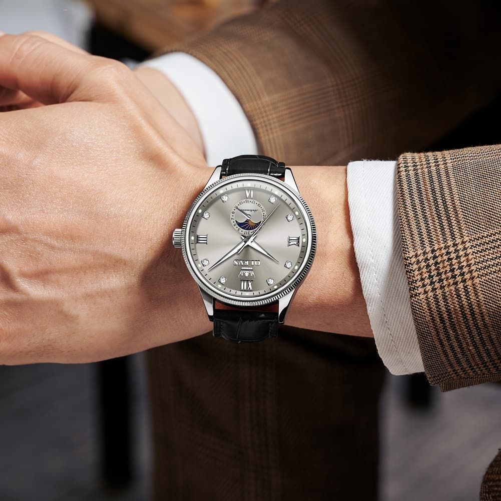 OLEVS 7039 Leather Moon Phase Mechanical Watch For Men - Rose Gold Black Watch | Olevs Watch Store
