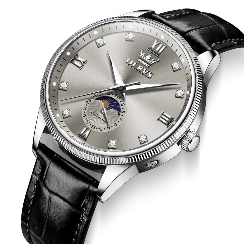 OLEVS 7039 Leather Moon Phase Mechanical Watch For Men - Rose Gold Black Watch | Olevs Watch Store