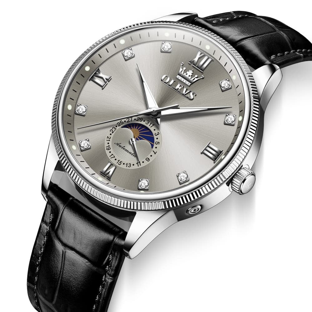 OLEVS 7039 Leather Moon Phase Mechanical Watch For Men - Rose Gold Black Watch | Olevs Watch Store