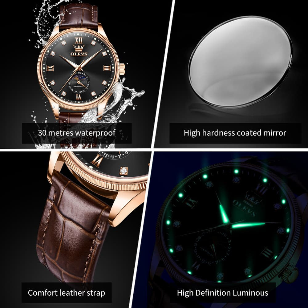 OLEVS 7039 Leather Moon Phase Mechanical Watch For Men - Rose Gold Black Watch | Olevs Watch Store