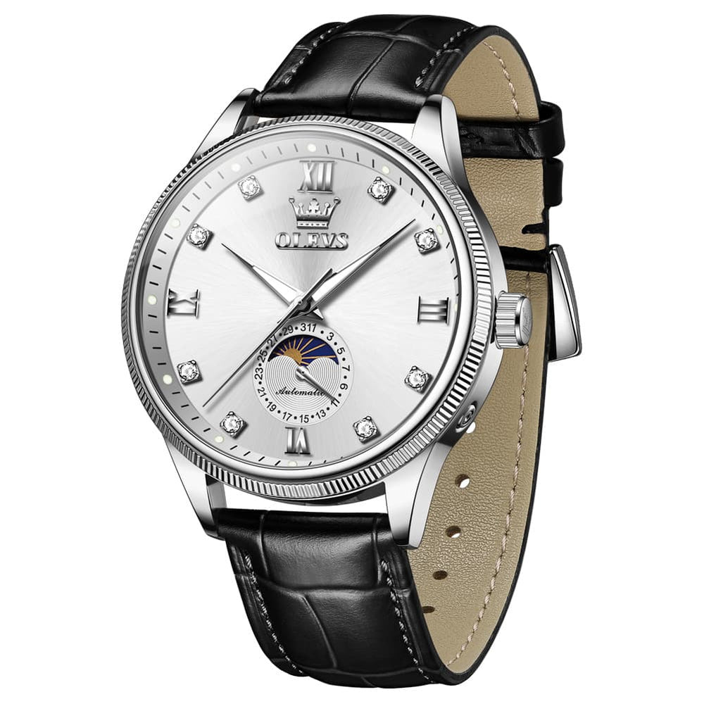 OLEVS 7039 Leather Moon Phase Mechanical Watch For Men - Rose Gold Black Watch | Olevs Watch Store