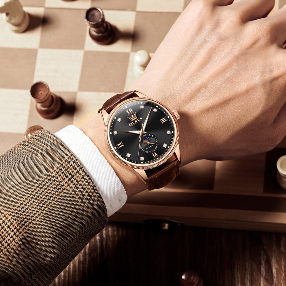 OLEVS 7039 Leather Moon Phase Mechanical Watch For Men - Rose Gold Black Watch | Olevs Watch Store