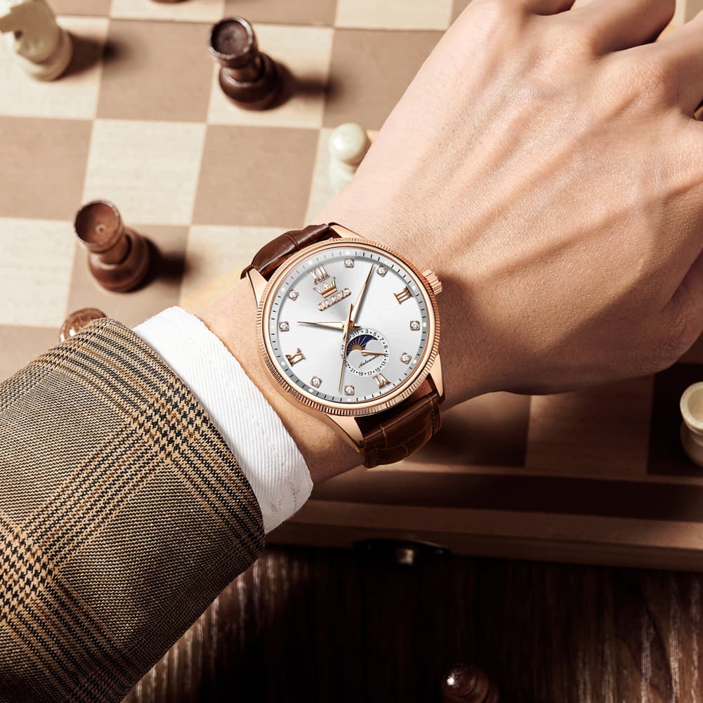 OLEVS 7039 Leather Moon Phase Mechanical Watch For Men - Rose Gold Black Watch | Olevs Watch Store