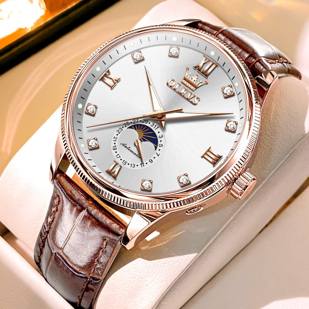 OLEVS 7039 Leather Moon Phase Mechanical Watch For Men - Rose Gold White Watch | Olevs Watch Store
