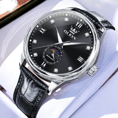 OLEVS 7039 Leather Moon Phase Mechanical Watch For Men - Silver Black Watch | Olevs Watch Store