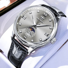 OLEVS 7039 Leather Moon Phase Mechanical Watch For Men - Silver Grey Watch | Olevs Watch Store
