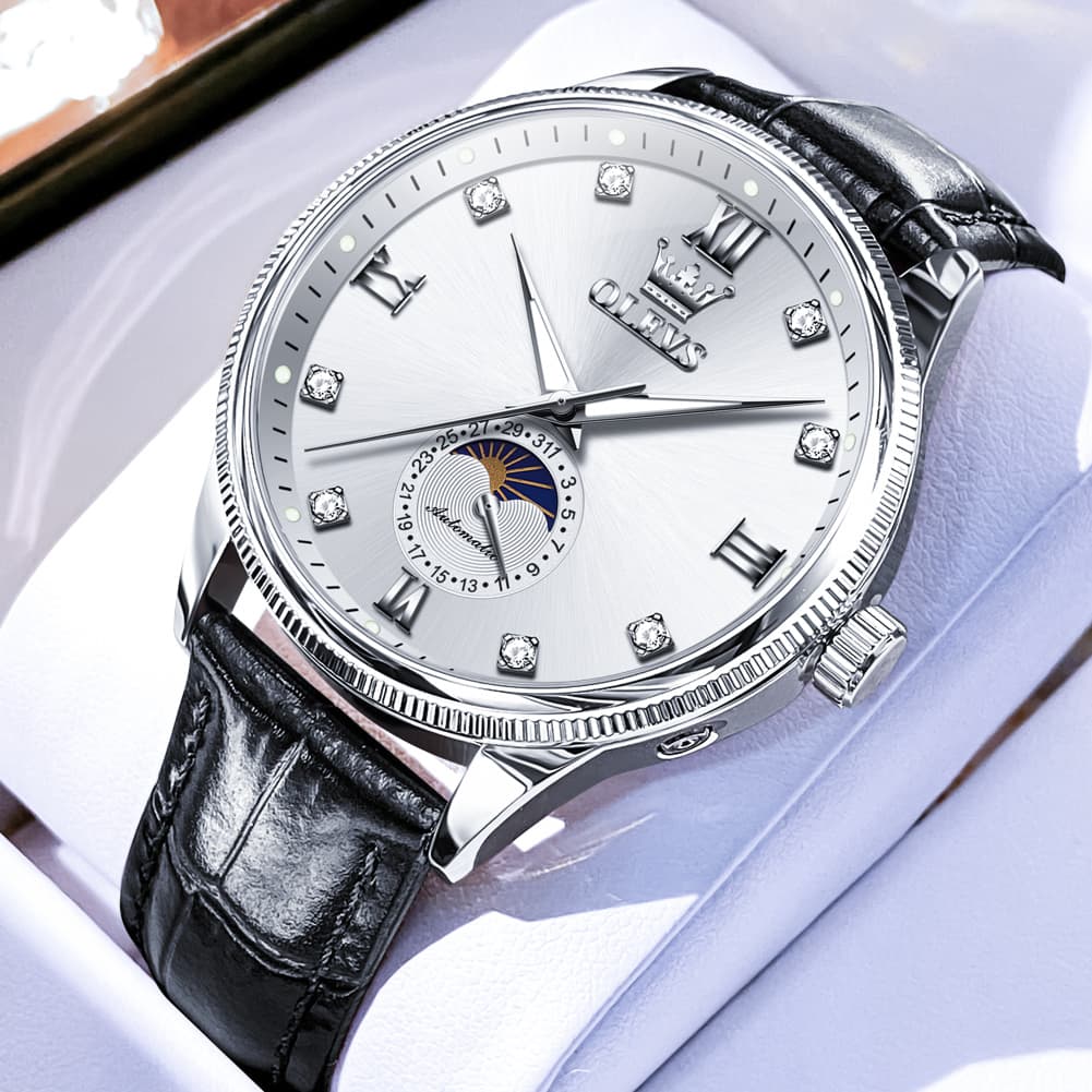 OLEVS 7039 Leather Moon Phase Mechanical Watch For Men - Silver White Watch | Olevs Watch Store