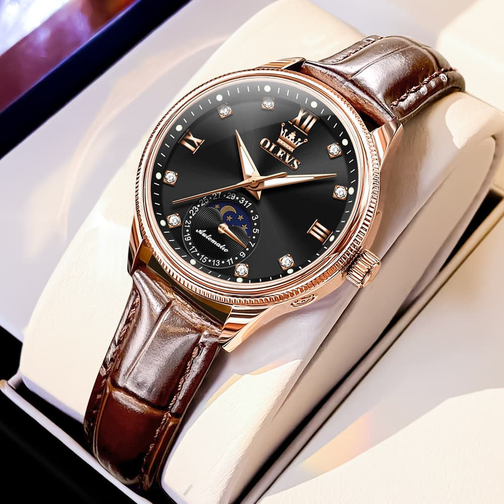 OLEVS 7039 Leather Moon Phase Mechanical Watch For Women - Rose Gold Black Watch | Olevs Watch Store
