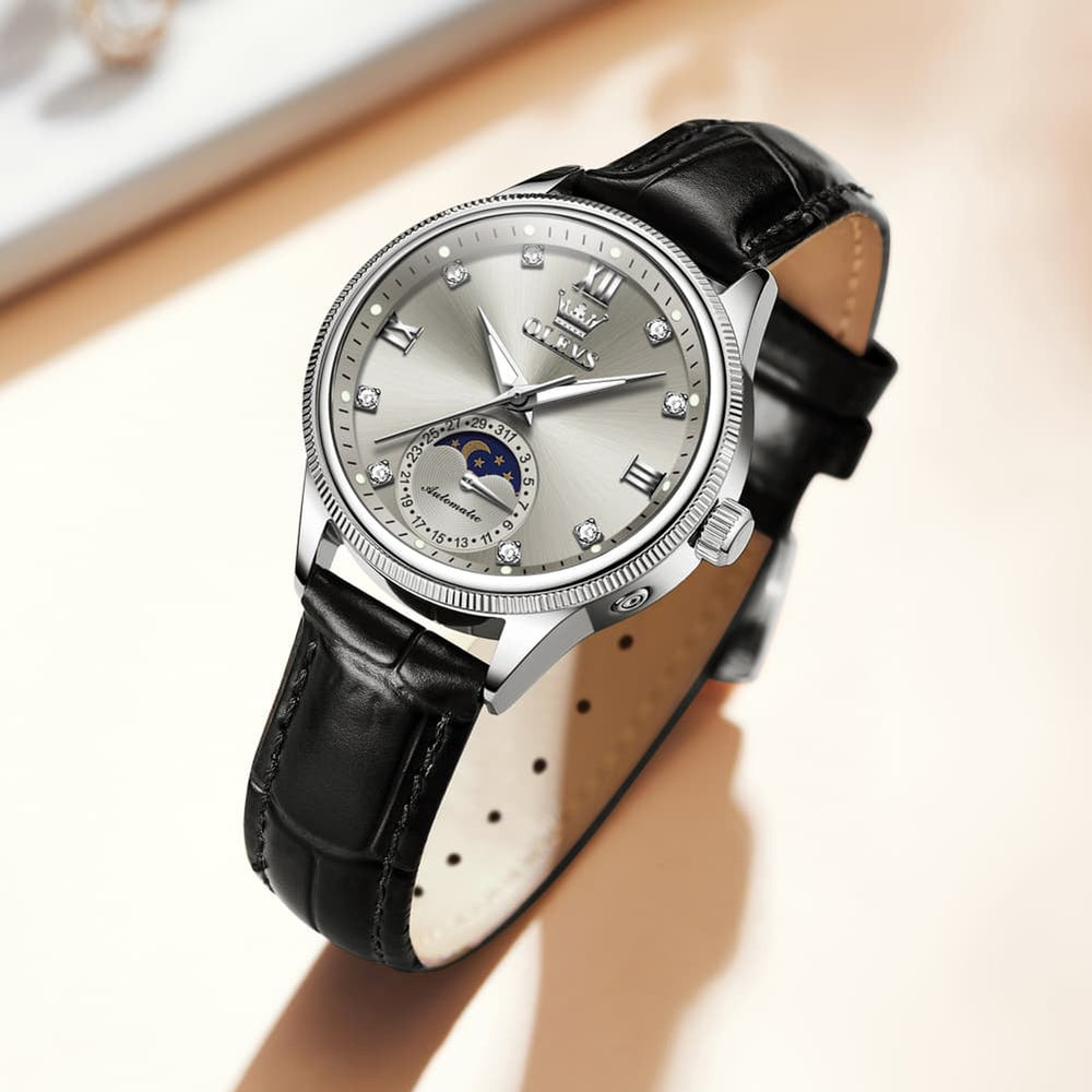 OLEVS 7039 Leather Moon Phase Mechanical Watch For Women - Rose Gold Black Watch | Olevs Watch Store