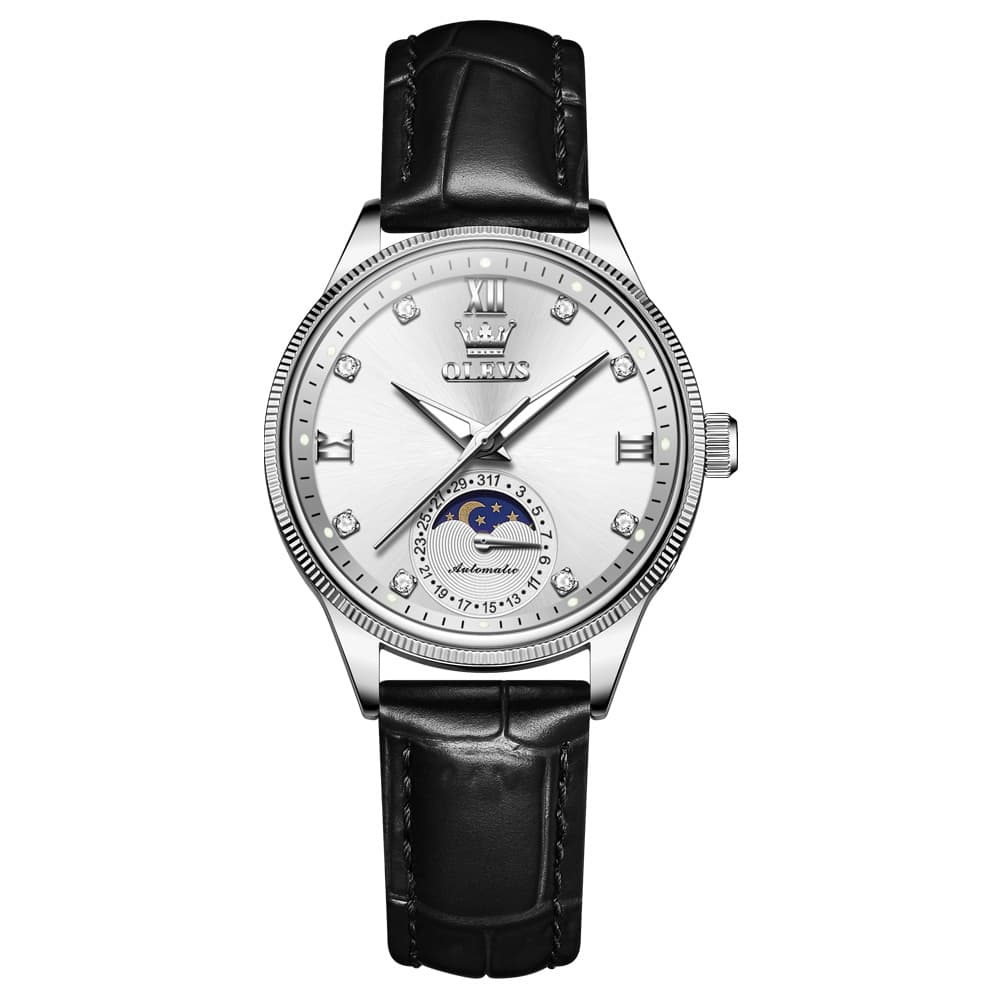 OLEVS 7039 Leather Moon Phase Mechanical Watch For Women - Rose Gold Black Watch | Olevs Watch Store