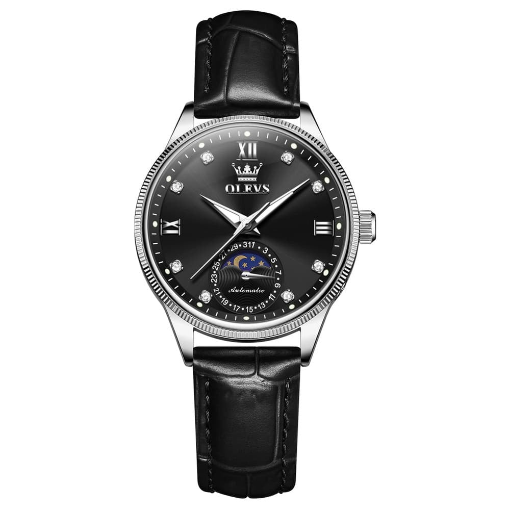OLEVS 7039 Leather Moon Phase Mechanical Watch For Women - Rose Gold Black Watch | Olevs Watch Store