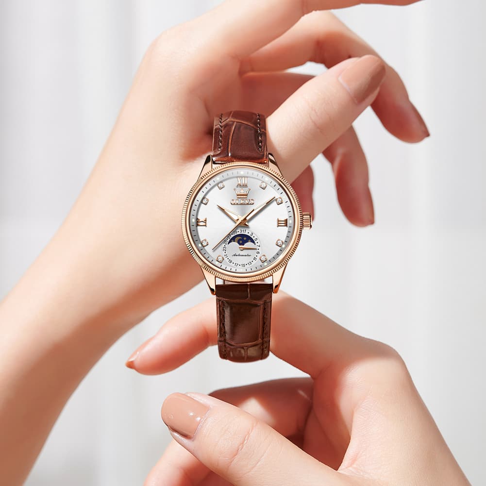 OLEVS 7039 Leather Moon Phase Mechanical Watch For Women - Rose Gold Black Watch | Olevs Watch Store
