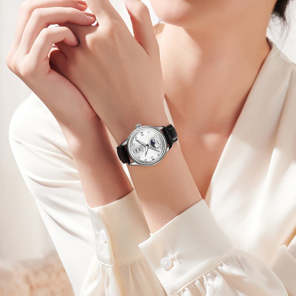 OLEVS 7039 Leather Moon Phase Mechanical Watch For Women - Rose Gold Black Watch | Olevs Watch Store