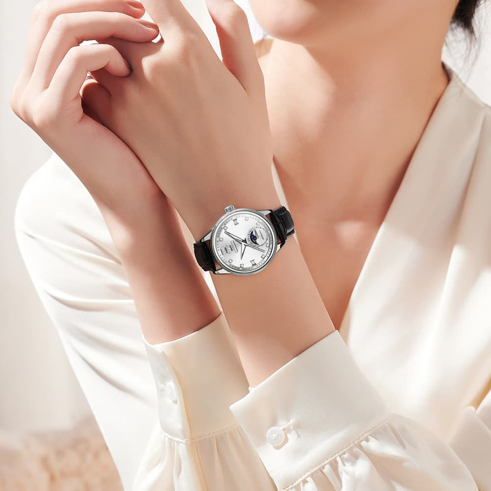 OLEVS 7039 Leather Moon Phase Mechanical Watch For Women - Rose Gold Black Watch | Olevs Watch Store