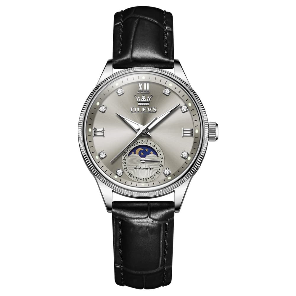 OLEVS 7039 Leather Moon Phase Mechanical Watch For Women - Rose Gold Black Watch | Olevs Watch Store