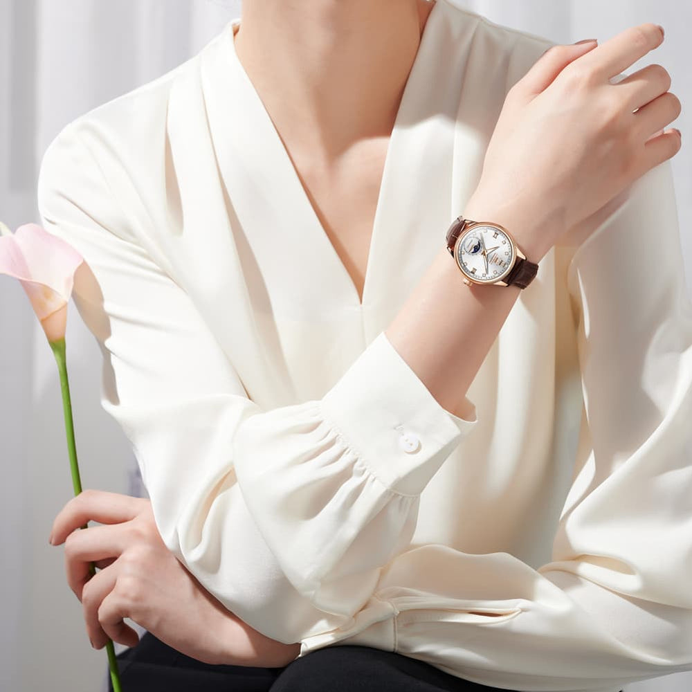OLEVS 7039 Leather Moon Phase Mechanical Watch For Women - Rose Gold Black Watch | Olevs Watch Store