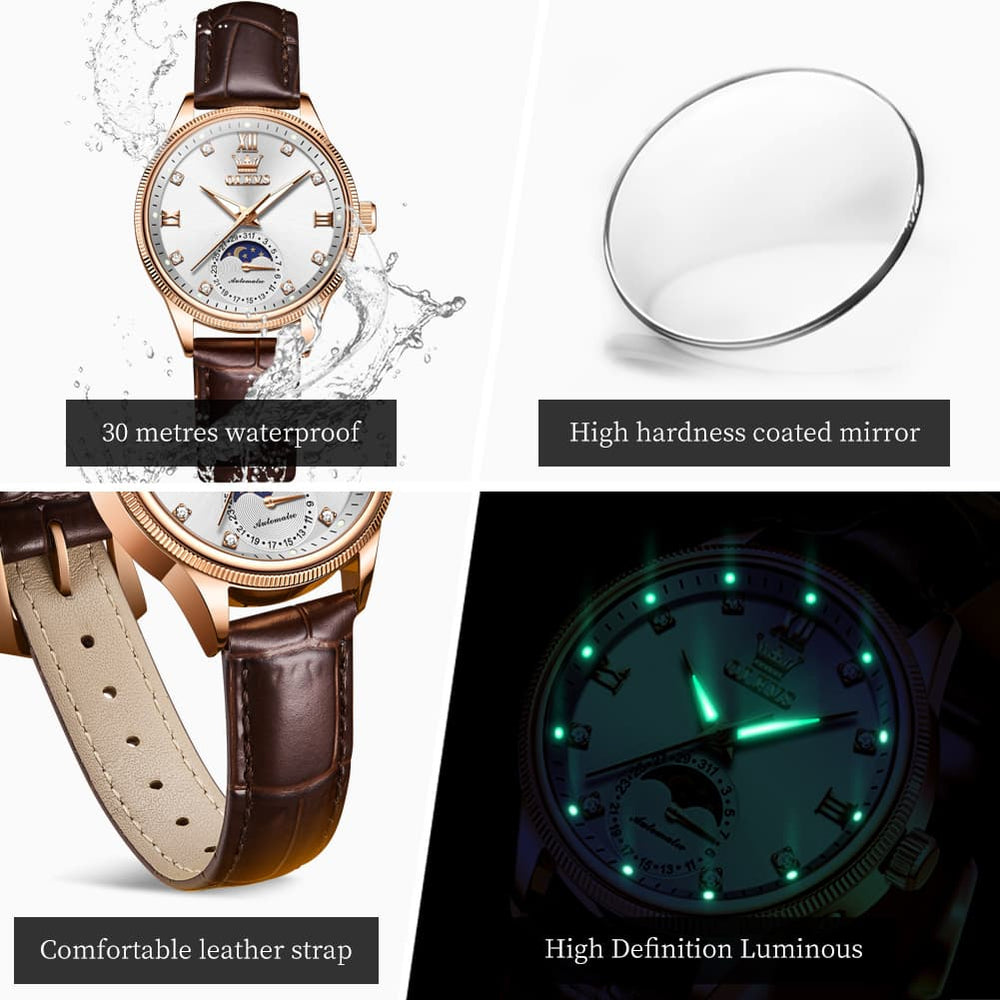 OLEVS 7039 Leather Moon Phase Mechanical Watch For Women - Rose Gold Black Watch | Olevs Watch Store