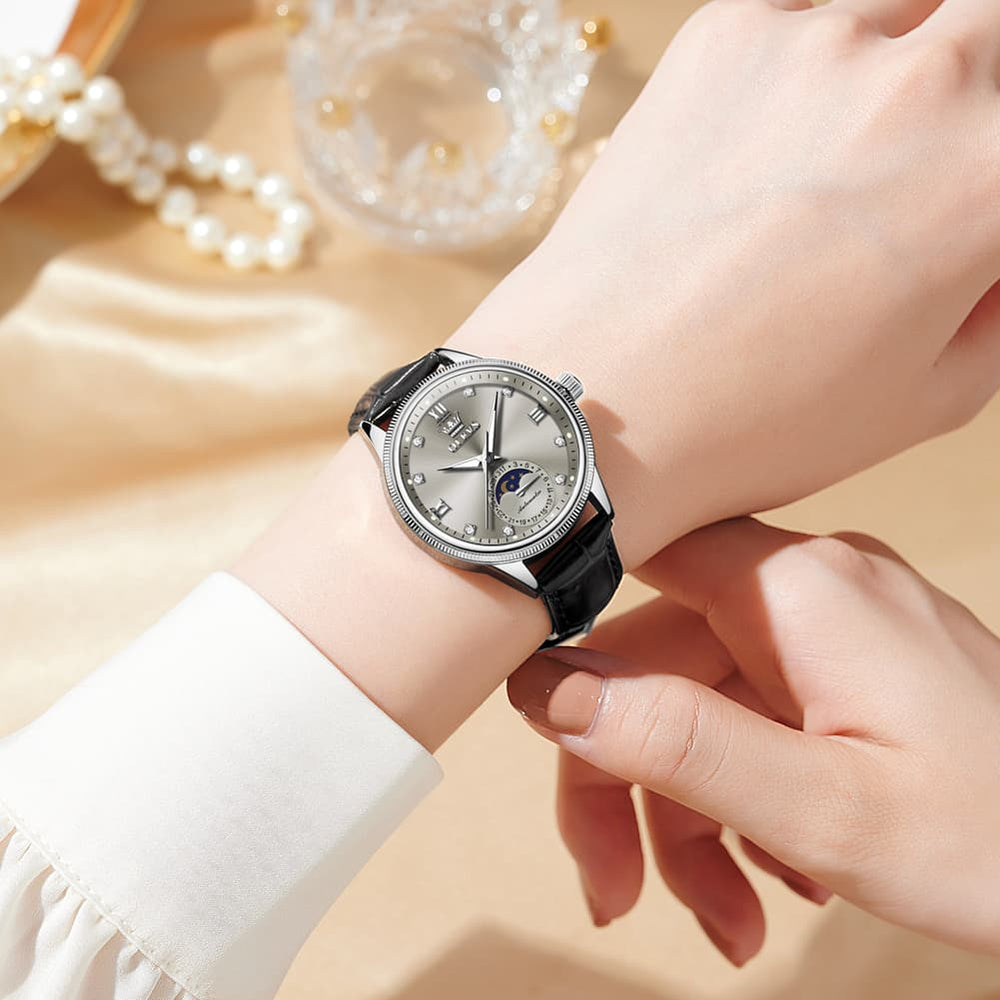 OLEVS 7039 Leather Moon Phase Mechanical Watch For Women - Rose Gold Black Watch | Olevs Watch Store