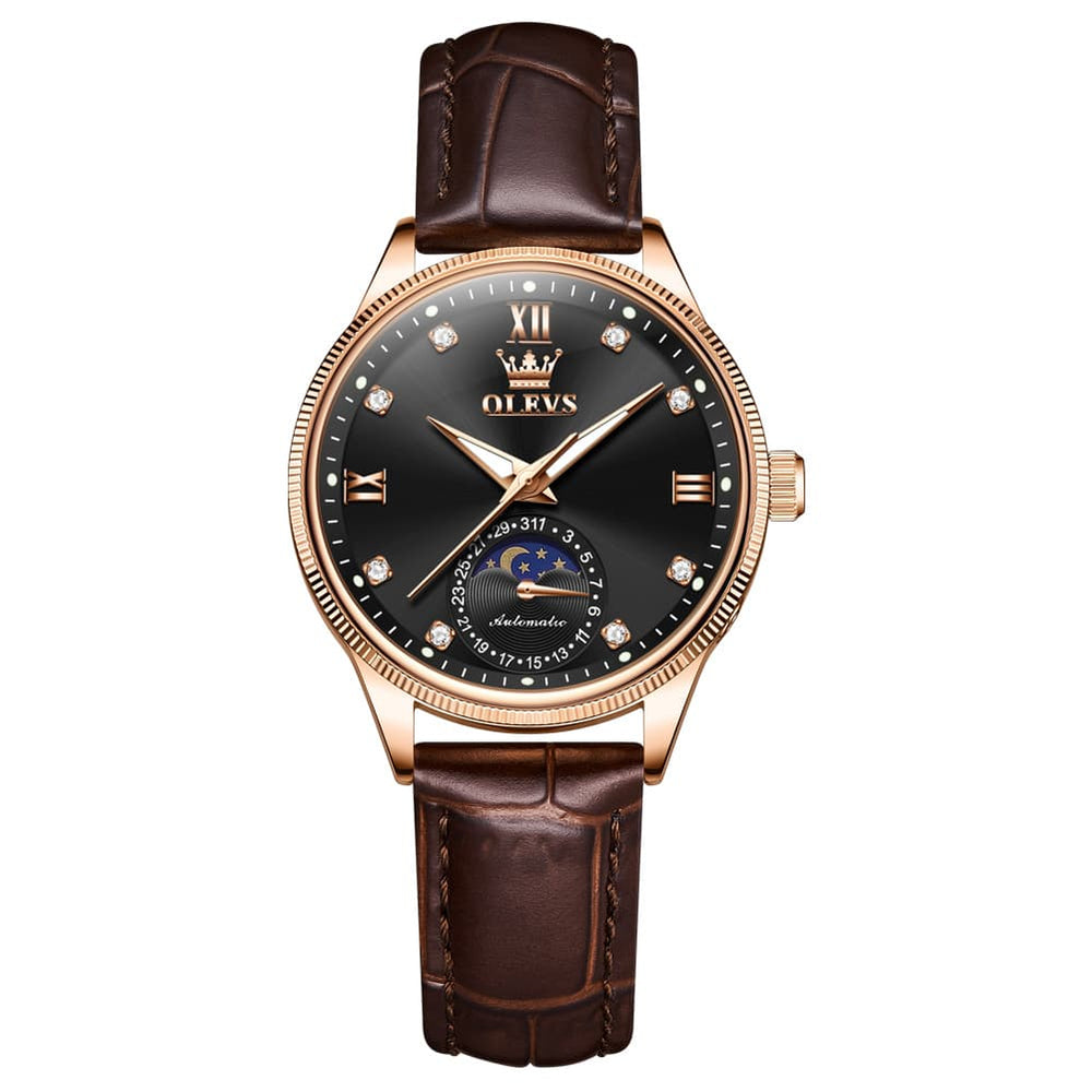 OLEVS 7039 Leather Moon Phase Mechanical Watch For Women - Rose Gold Black Watch | Olevs Watch Store
