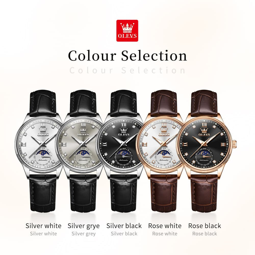 OLEVS 7039 Leather Moon Phase Mechanical Watch For Women - Rose Gold Black Watch | Olevs Watch Store
