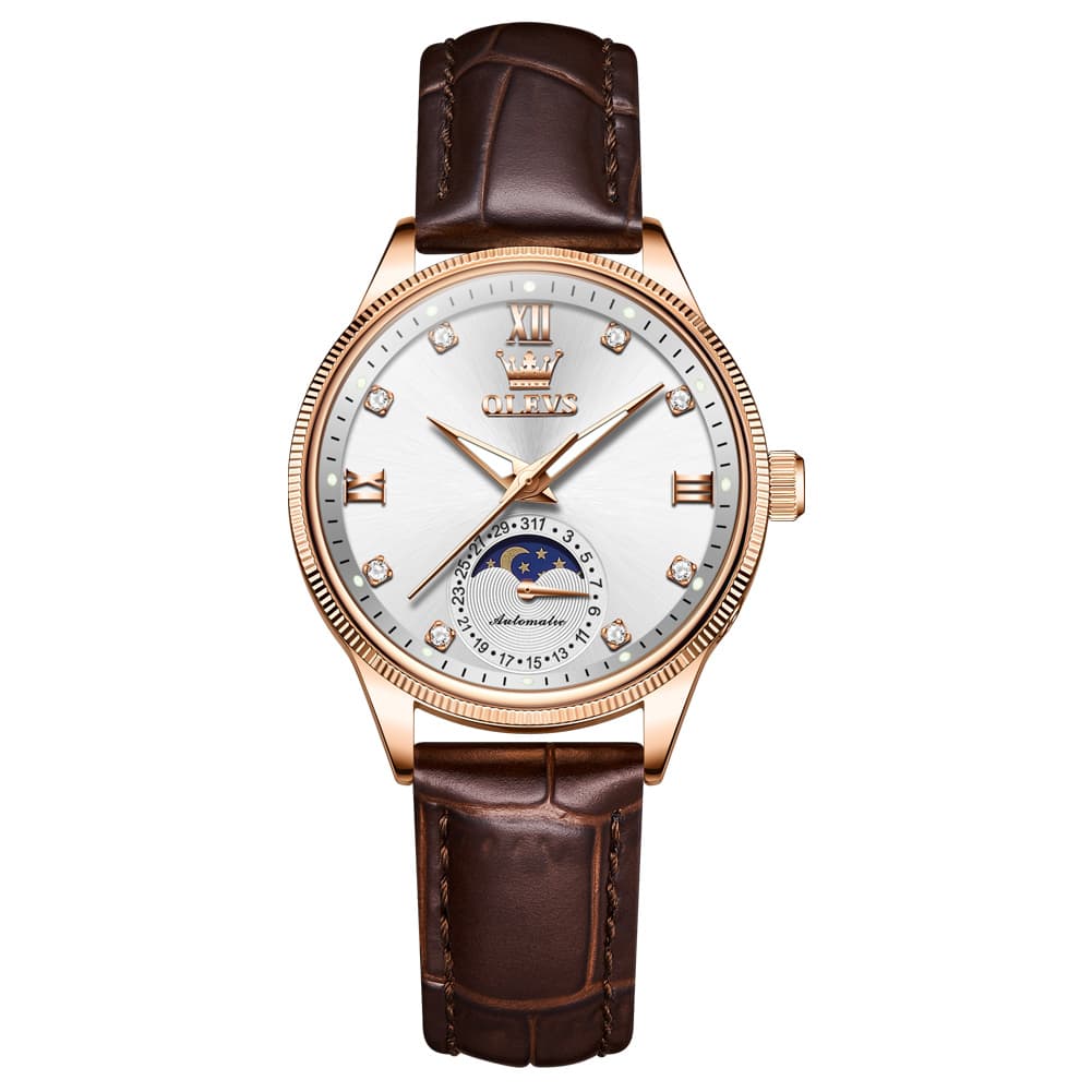 OLEVS 7039 Leather Moon Phase Mechanical Watch For Women - Rose Gold Black Watch | Olevs Watch Store