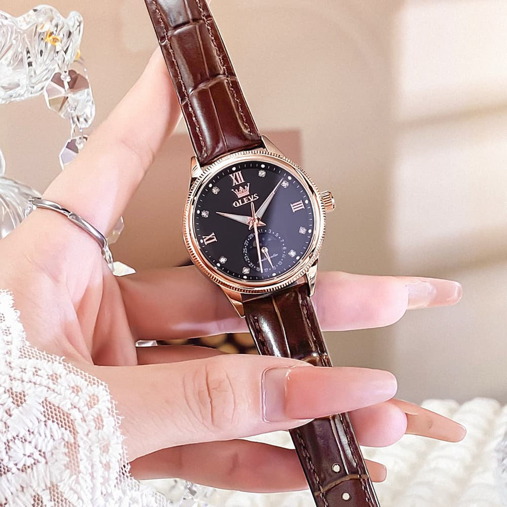 OLEVS 7039 Leather Moon Phase Mechanical Watch For Women - Rose Gold Black Watch | Olevs Watch Store