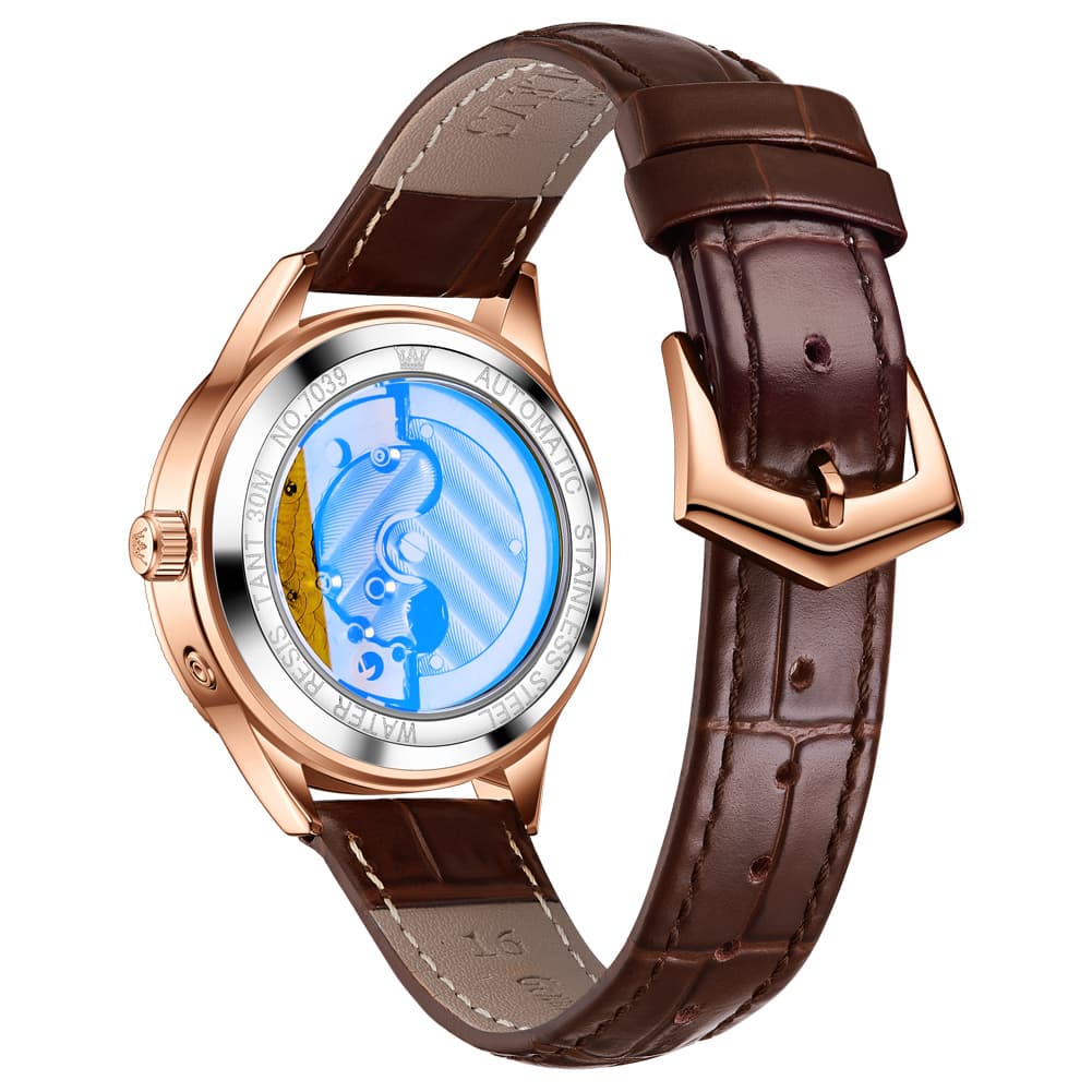 OLEVS 7039 Leather Moon Phase Mechanical Watch For Women - Rose Gold Black Watch | Olevs Watch Store
