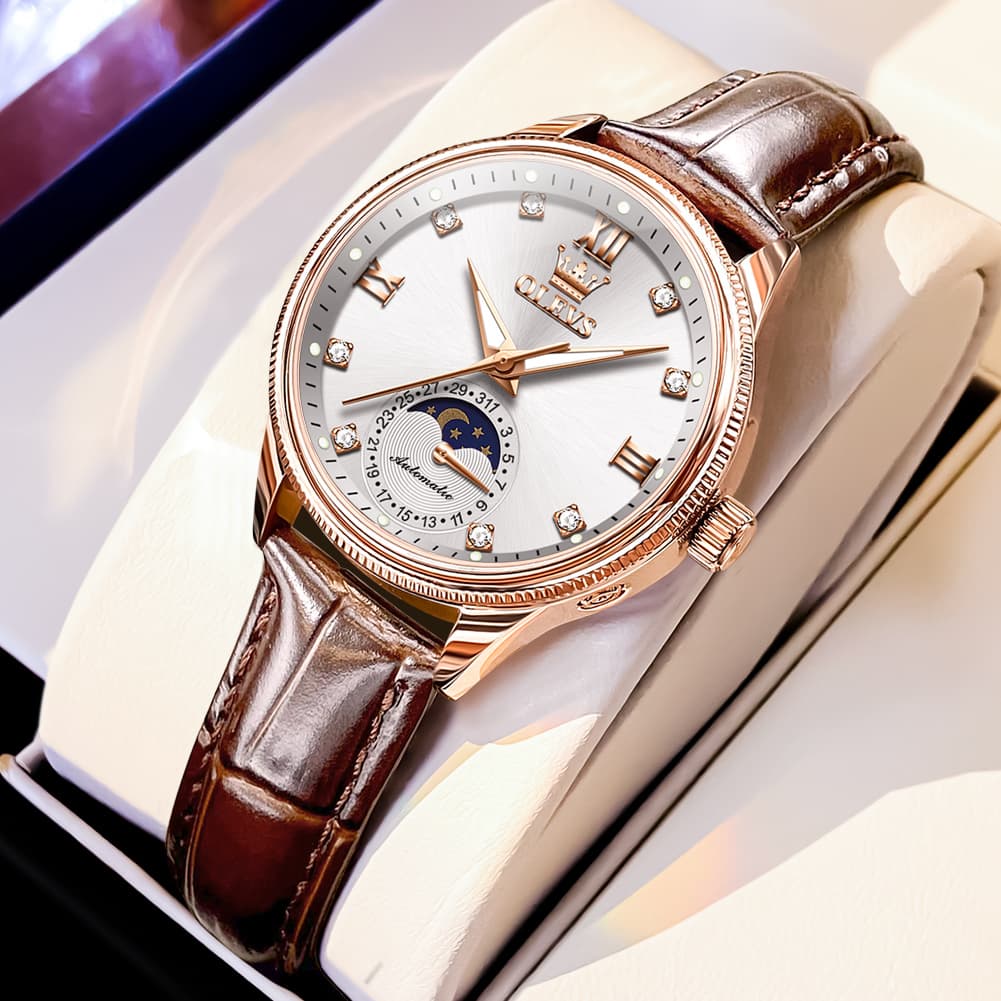 OLEVS 7039 Leather Moon Phase Mechanical Watch For Women - Rose Gold White Watch | Olevs Watch Store