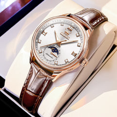 OLEVS 7039 Leather Moon Phase Mechanical Watch For Women - Rose Gold White Watch | Olevs Watch Store