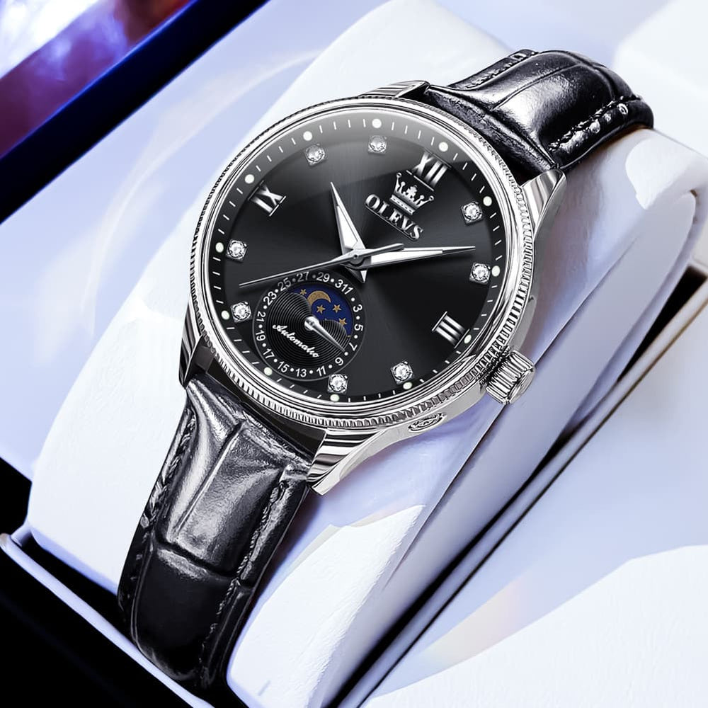 OLEVS 7039 Leather Moon Phase Mechanical Watch For Women - Silver Black Watch | Olevs Watch Store