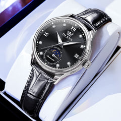 OLEVS 7039 Leather Moon Phase Mechanical Watch For Women - Silver Black Watch | Olevs Watch Store