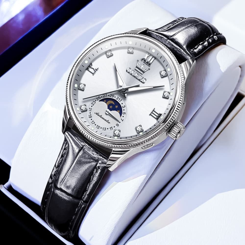 OLEVS 7039 Leather Moon Phase Mechanical Watch For Women - Silver White Watch | Olevs Watch Store