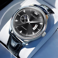 OLEVS 7040 Curved Mirror Automatic Mechanical Watch For Men - Silver Black Watch | Olevs Watch Store