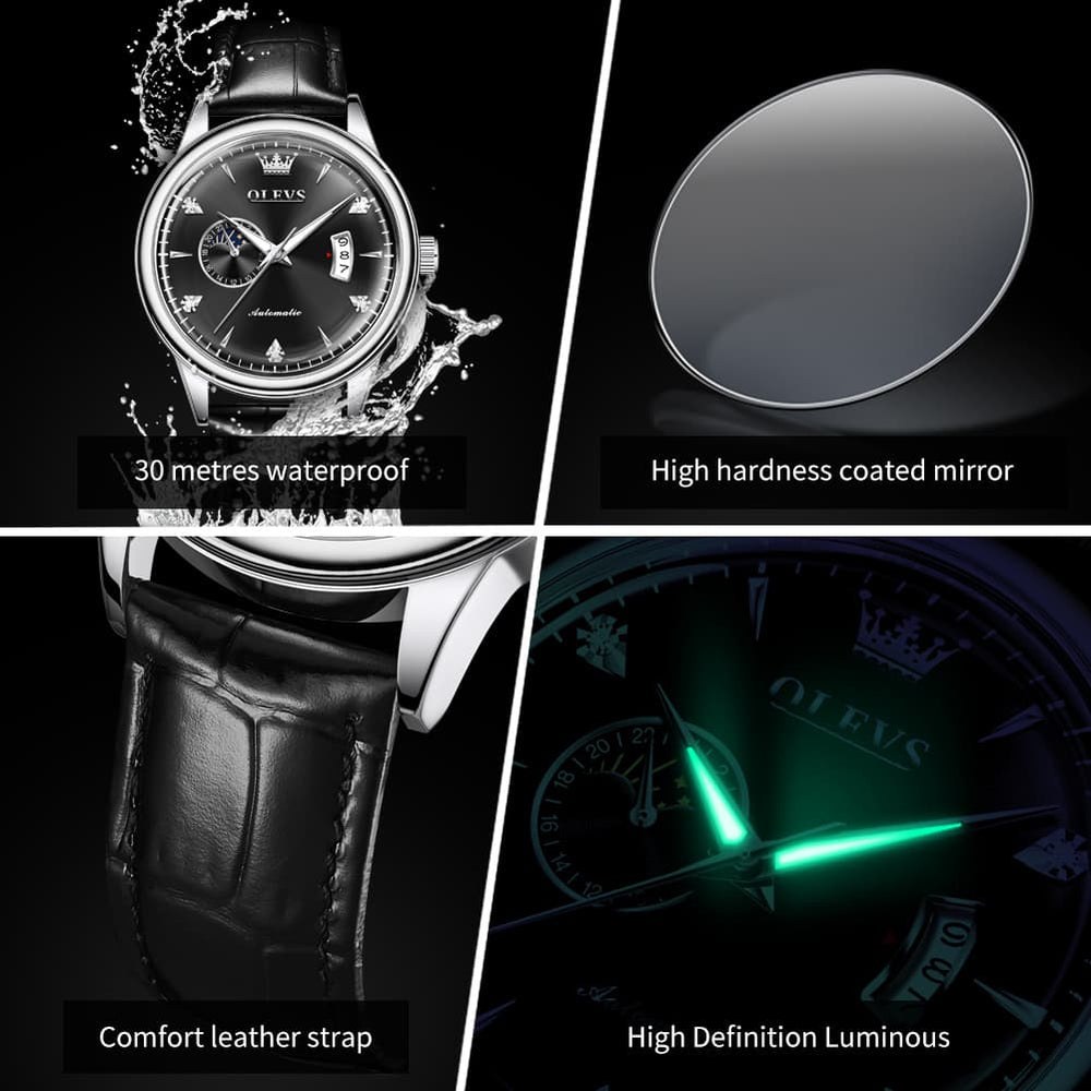 OLEVS 7040 Curved Mirror Automatic Mechanical Watch For Men - Silver Grey Watch | Olevs Watch Store