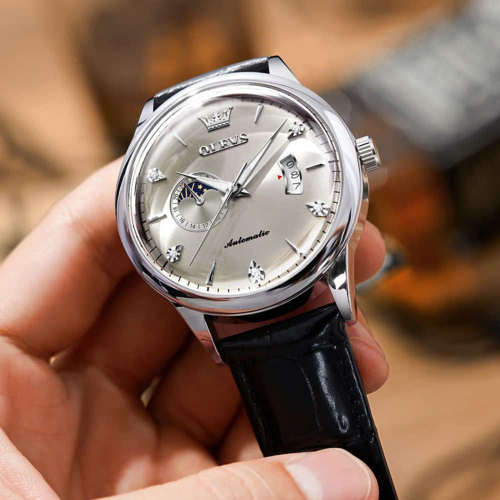 OLEVS 7040 Curved Mirror Automatic Mechanical Watch For Men - Silver Grey Watch | Olevs Watch Store