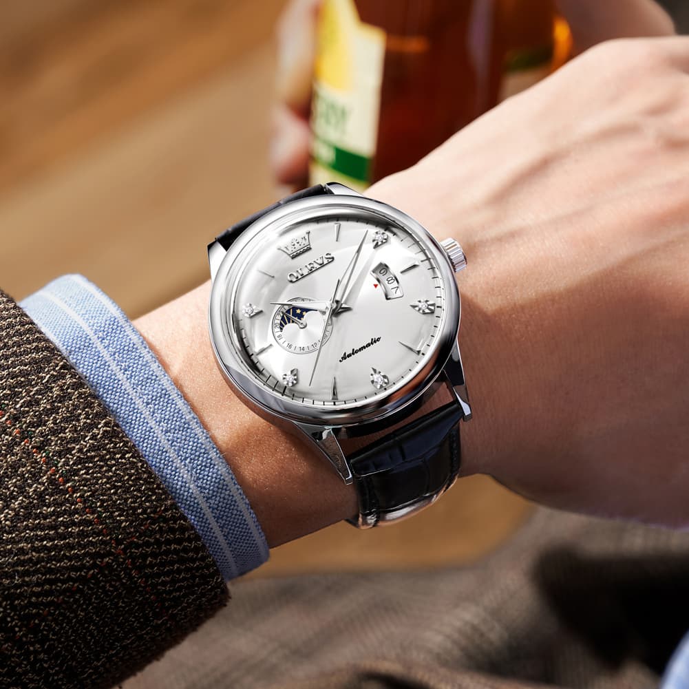 OLEVS 7040 Curved Mirror Automatic Mechanical Watch For Men - Silver Grey Watch | Olevs Watch Store