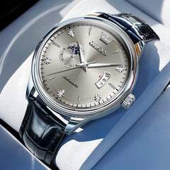 OLEVS 7040 Curved Mirror Automatic Mechanical Watch For Men - Silver Grey Watch | Olevs Watch Store