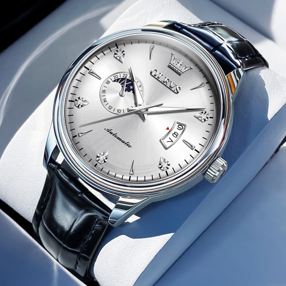 OLEVS 7040 Curved Mirror Automatic Mechanical Watch For Men - Silver White Watch | Olevs Watch Store