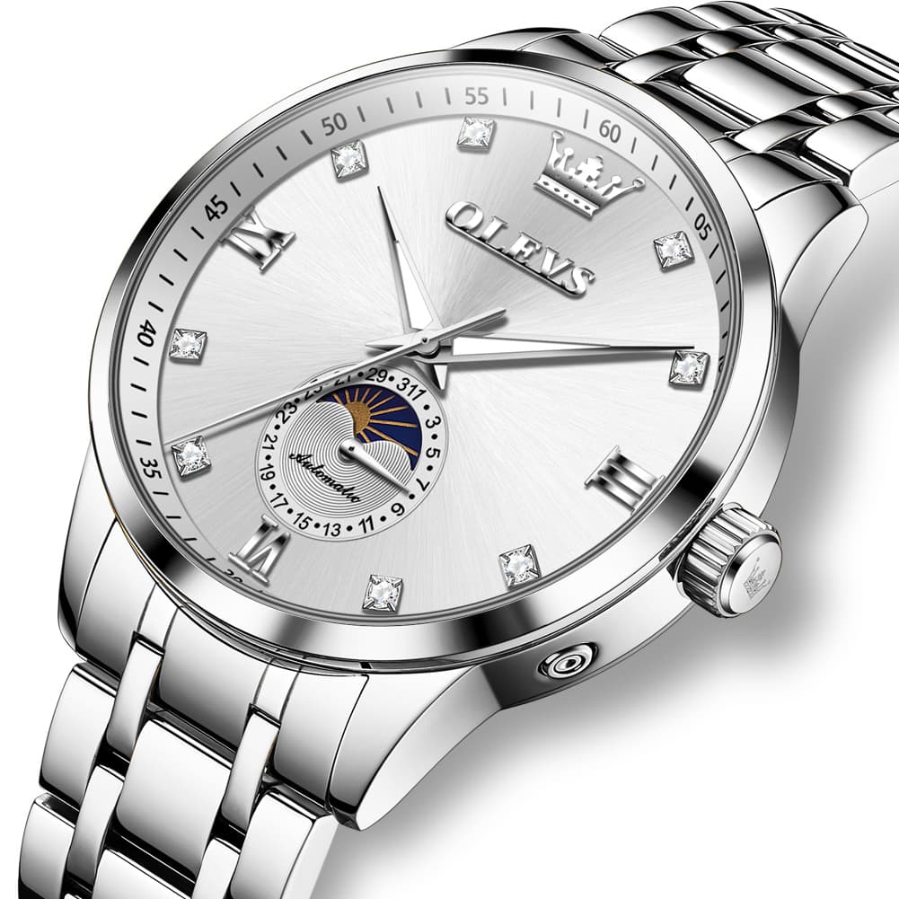 OLEVS 7041 Solid Steel Moon Phase Automatic Watch For Men - Silver Black Watch | Olevs Watch Store