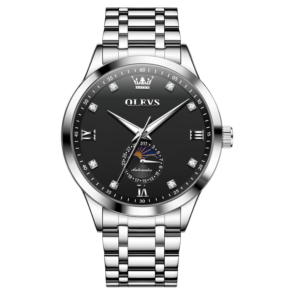 OLEVS 7041 Solid Steel Moon Phase Automatic Watch For Men - Silver Black Watch | Olevs Watch Store